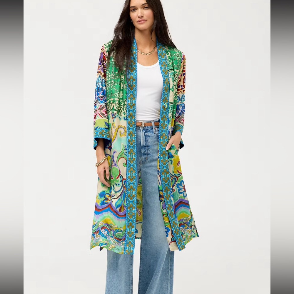 Johnny Was  Reversible Silk w/ Embroidery Kimono Duster. S. NWT.